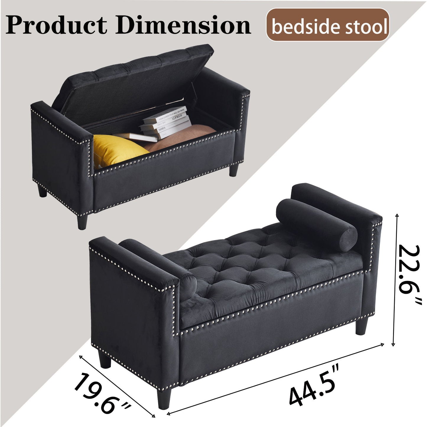 Storage Bench, Queen Velvet Button Bedside Bench, Entryway Living Room With Armrests, Nailhead Trim, Upholstered Bedroom Bench, Bedside Ottoman, Living Room, Entryway - Black
