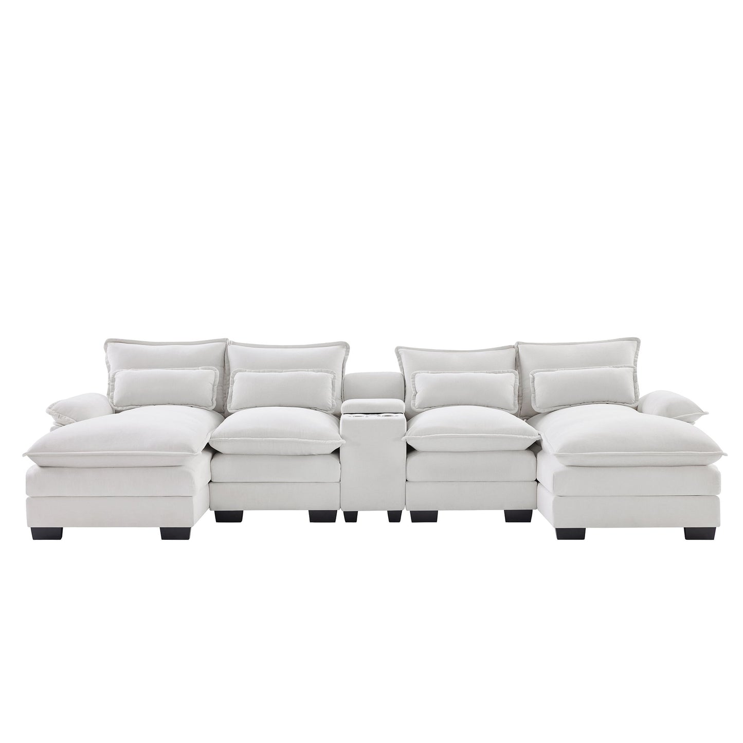Modern U Shaped Sofa With Console, Cupholders And USB Ports, 6 Seat Upholstered Symmetrical Indoor Furniture, Sleeper Couch Set With Chaise - White