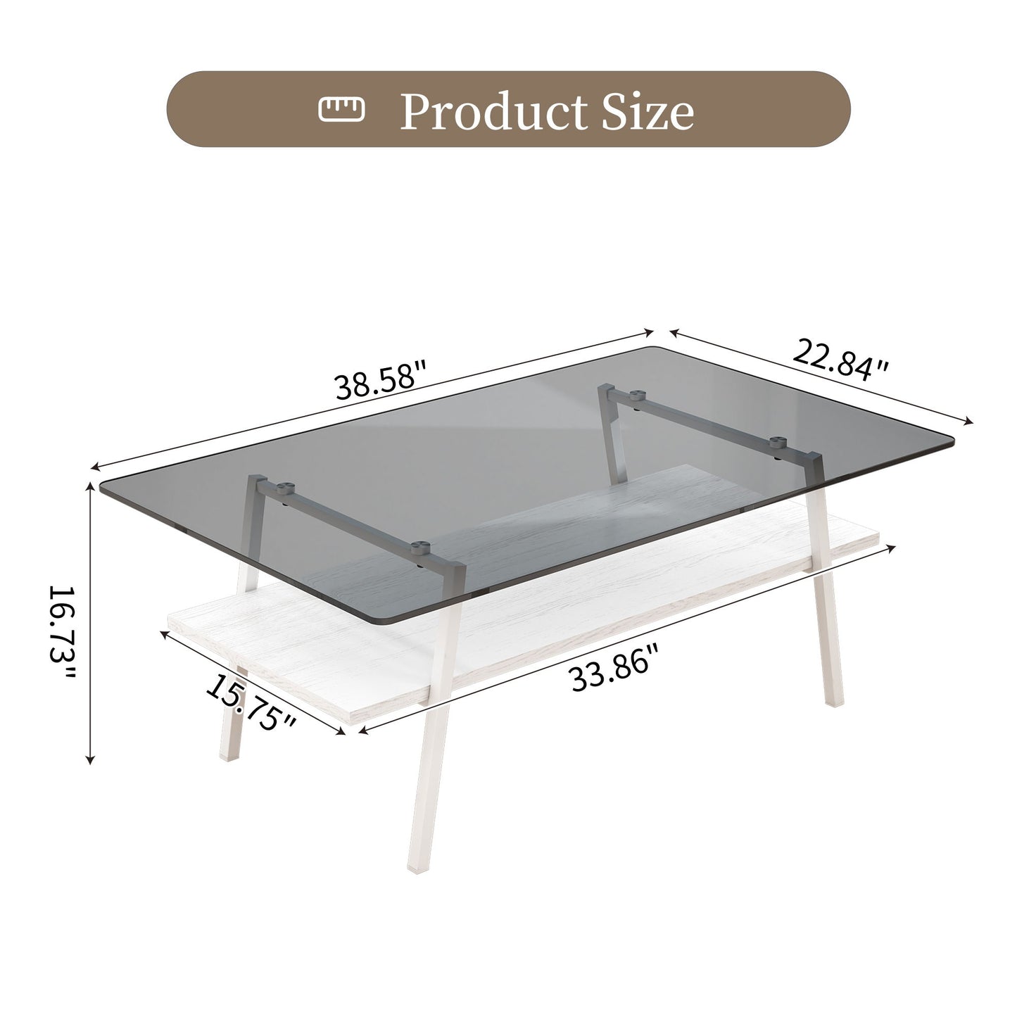 Rectangle Coffee Table, Tempered Glass Tabletop With White Metal Legs, Modern Table For Living Room - Gray