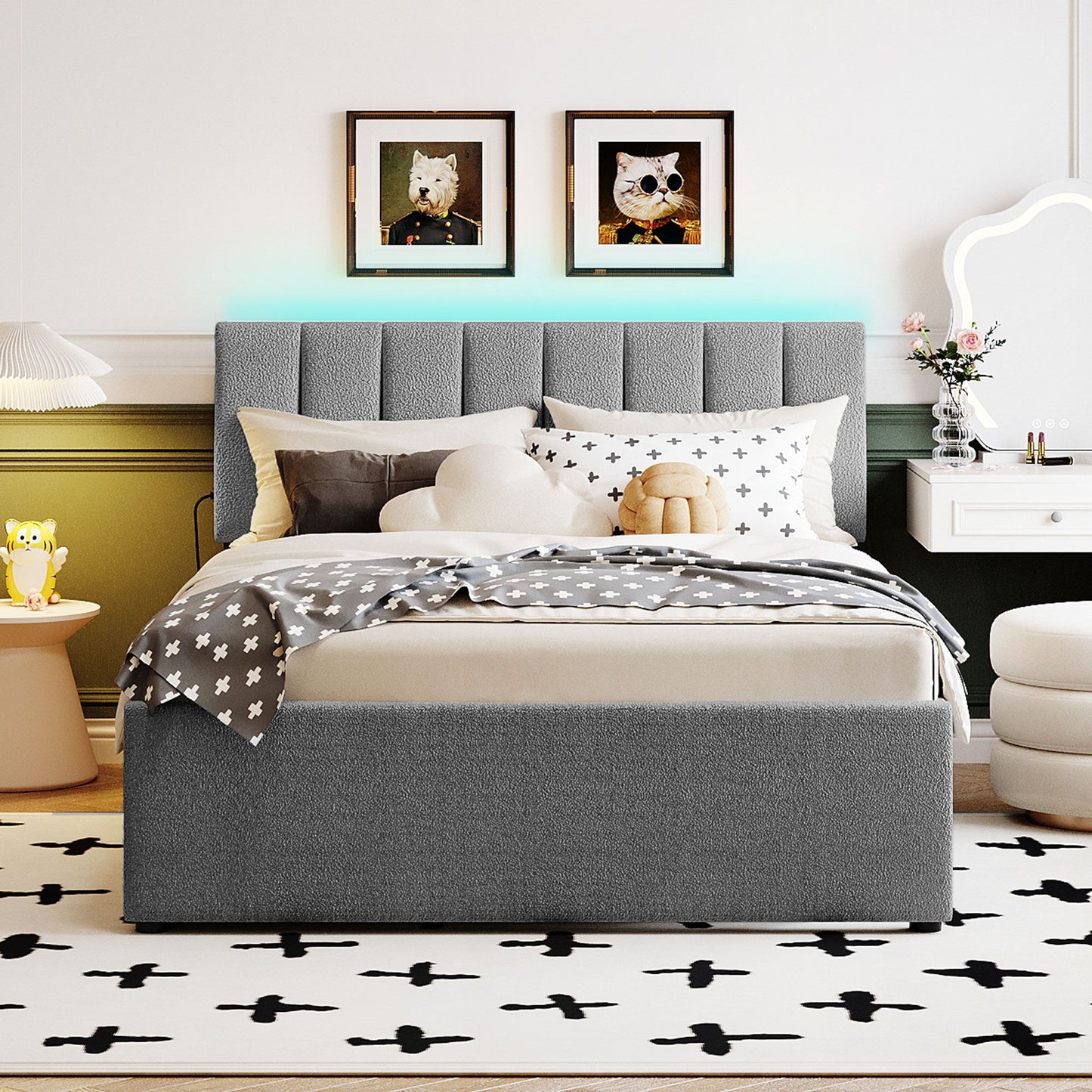Full Size Upholstered Platform Bed With Twin Size Trundle - Gray