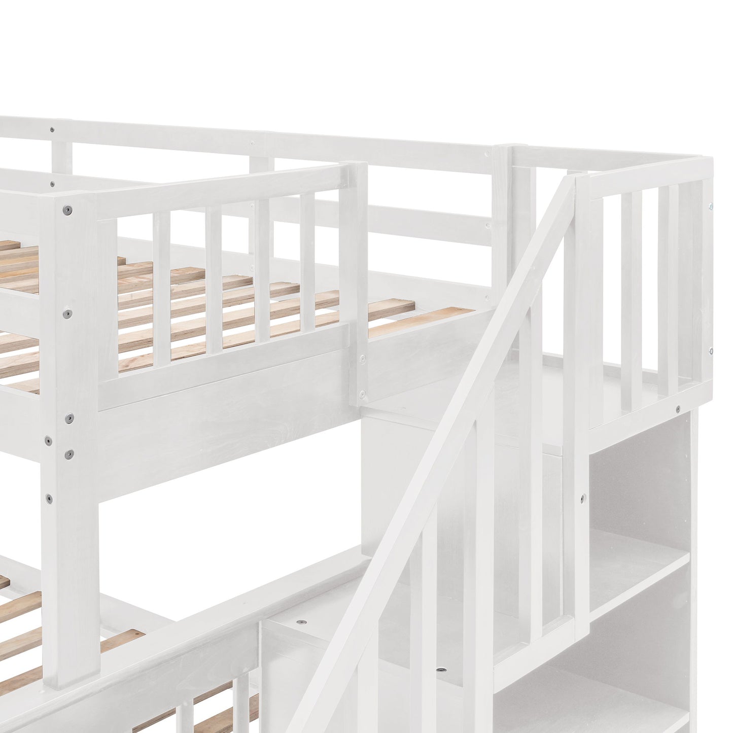 Twin Over Full Stairway Bunk Bed With Drawer, Storage And Guard Rail For Bedroom - White