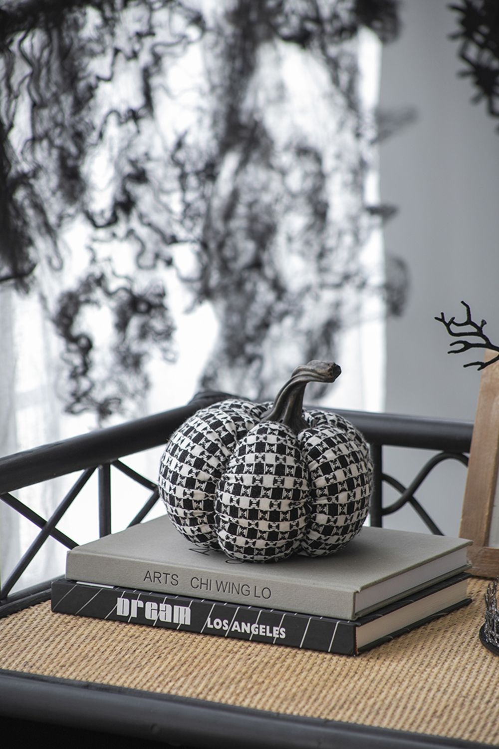 Plaid Pumpkin Decor, For Holiday Halloween Decoration (Set of 2) - Black / White