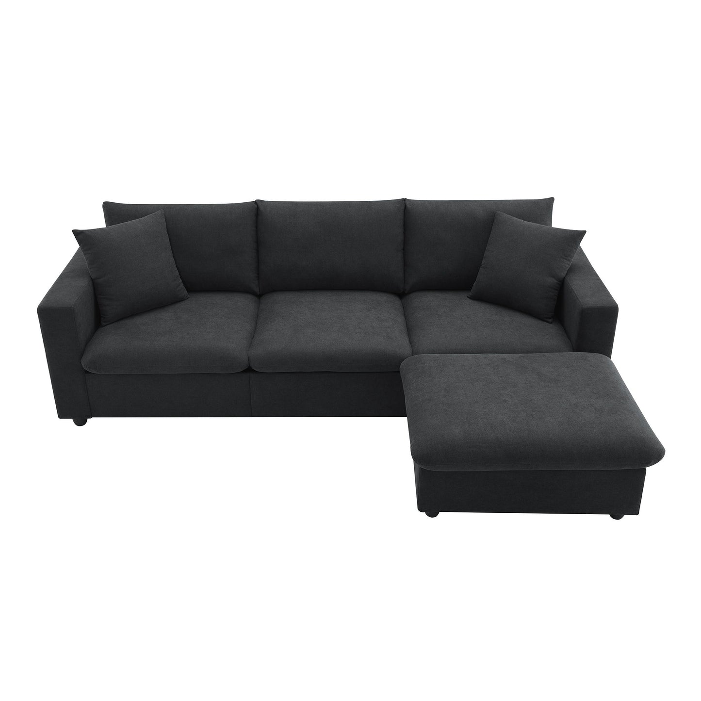 Modern Sectional Sofa, L-Shaped Couch Set With 2 Free Pillows, 4 Seat Polyester Fabric Couch Set With Convertible Ottoman - Black