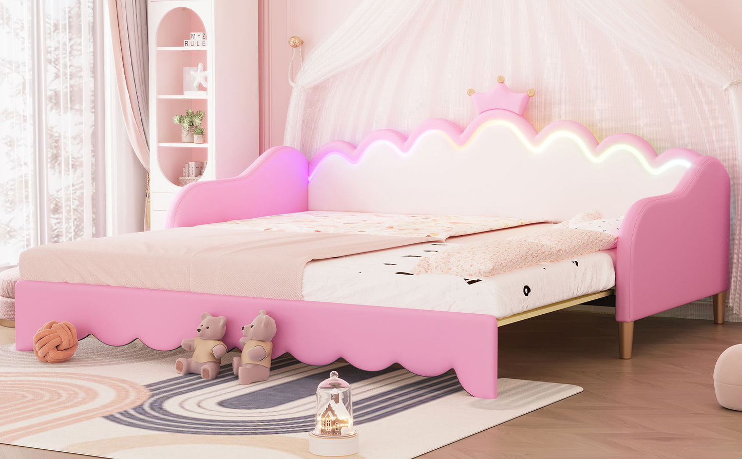 Twin Extending Daybed With LED Lights, Modern Upholstered Princess Daybed With Crown Headboard - Pink