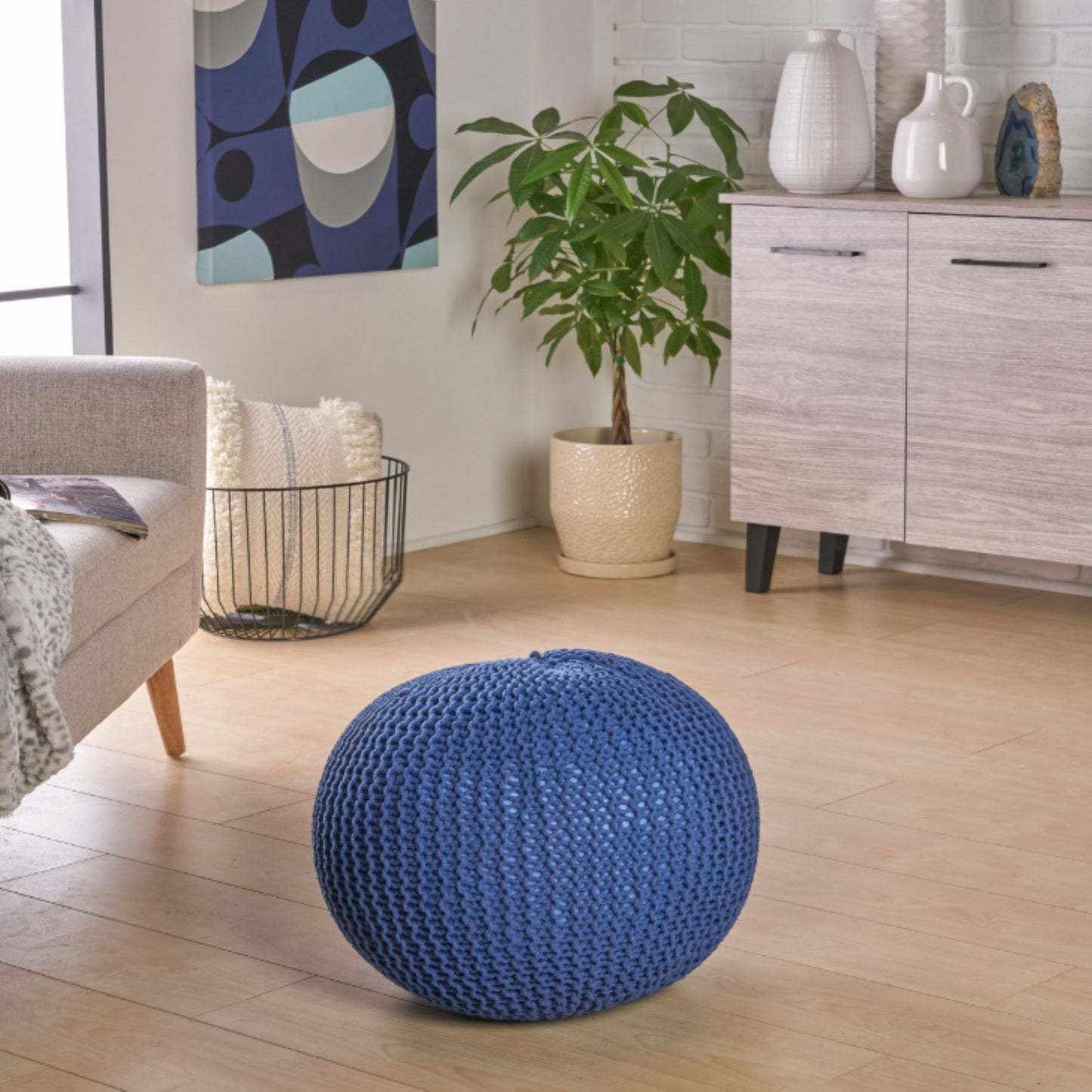 Bordeaux - Knitted Cotton Round Pouf Ottoman, Versatile Floor Cushion, Cotton Material - Navy Blue