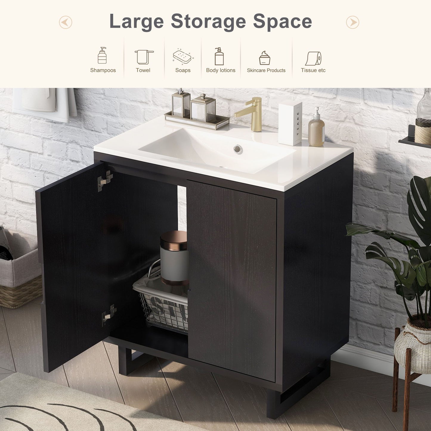 Bathroom Vanity Set With Sink, Combo Cabinet, Bathroom Storage Cabinet, Solid Wood Frame - Black