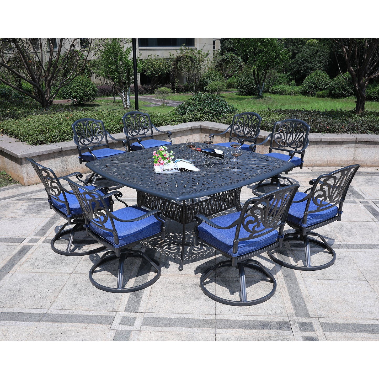 Square 8 Person 64" Long Aluminum Dining Set With Cushions With Swivel And Rocking Chairs - Gray / Navy