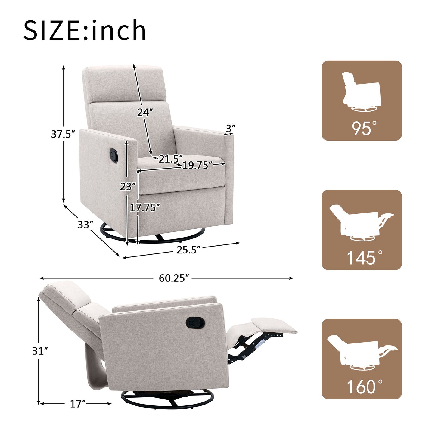 Modern Upholstered Rocker Nursery Chair Plush Seating Glider Swivel Recliner Chair - Tan