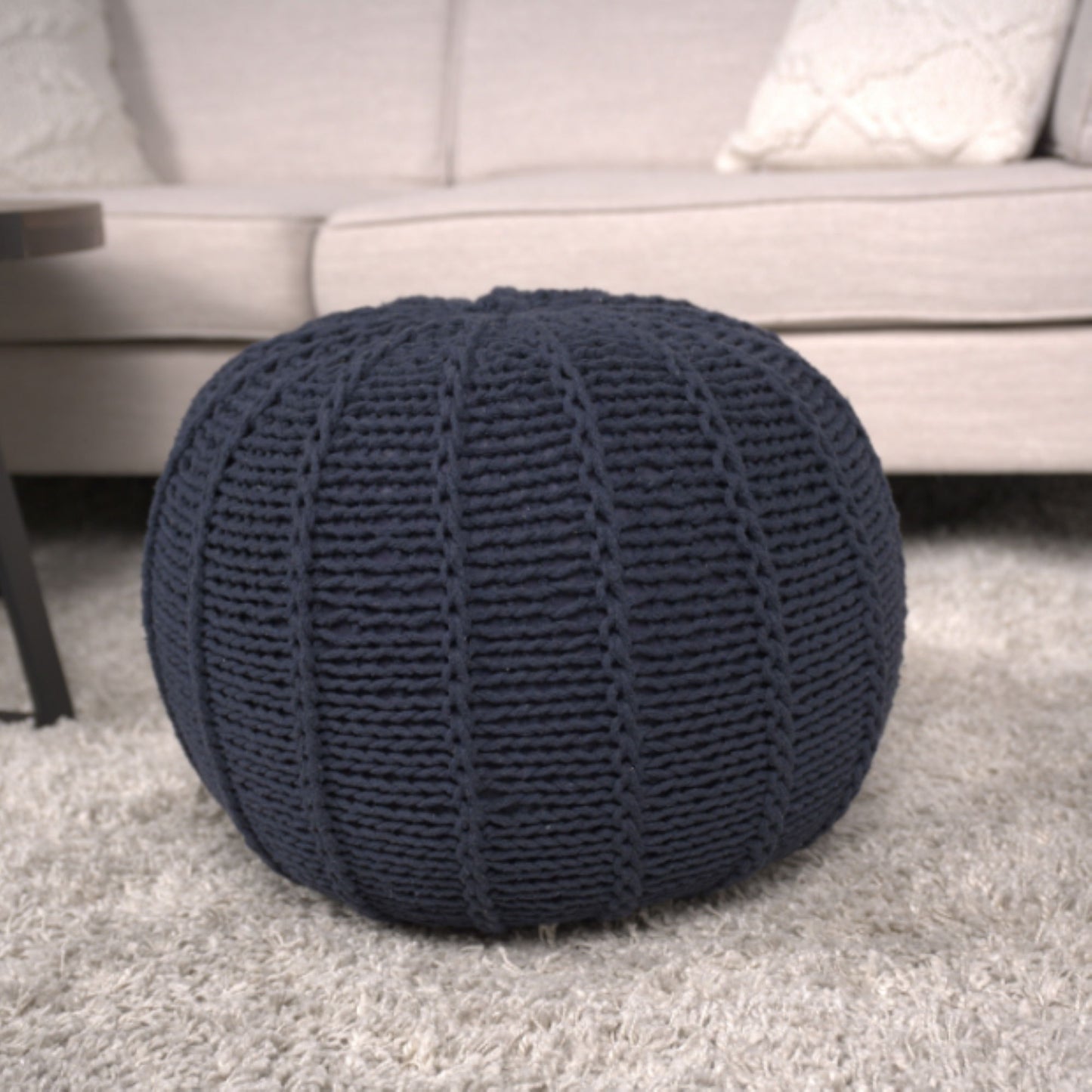 Bordeaux - Knitted Cotton Round Pouf Ottoman And Floor Cushion - Dark Blue