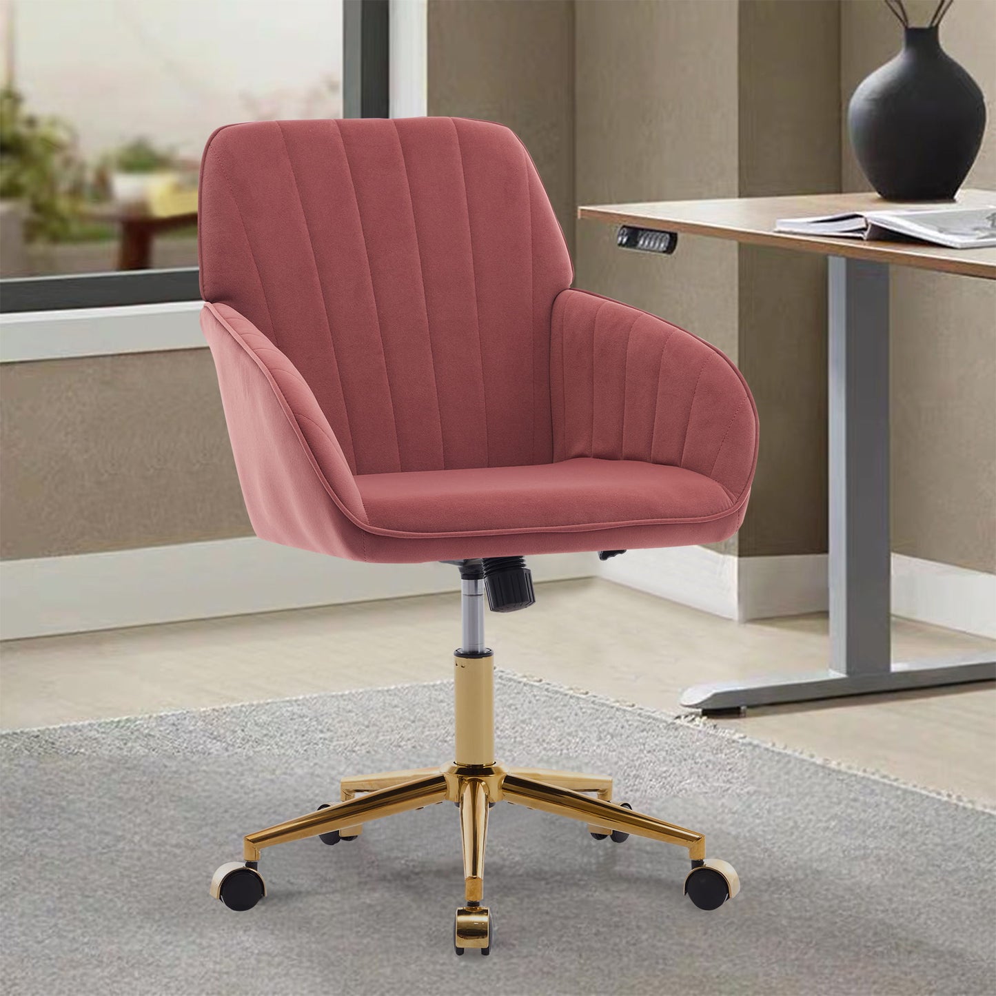 Ergonomic Swivel Office Chair, Comfortable Velvet Backrest Seat, Adjustable For Home And Bedroom - Rose Red
