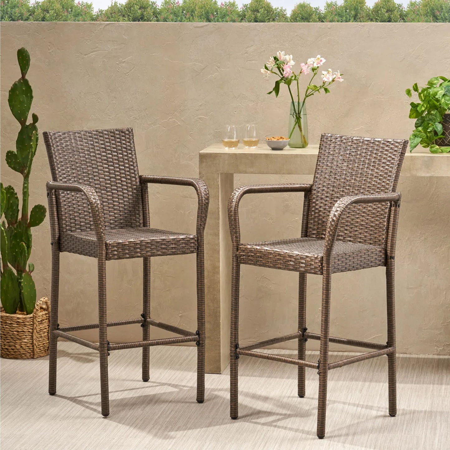Outdoor Wicker Barstool With Faux Rattan And Iron Frame - Mix Mocha