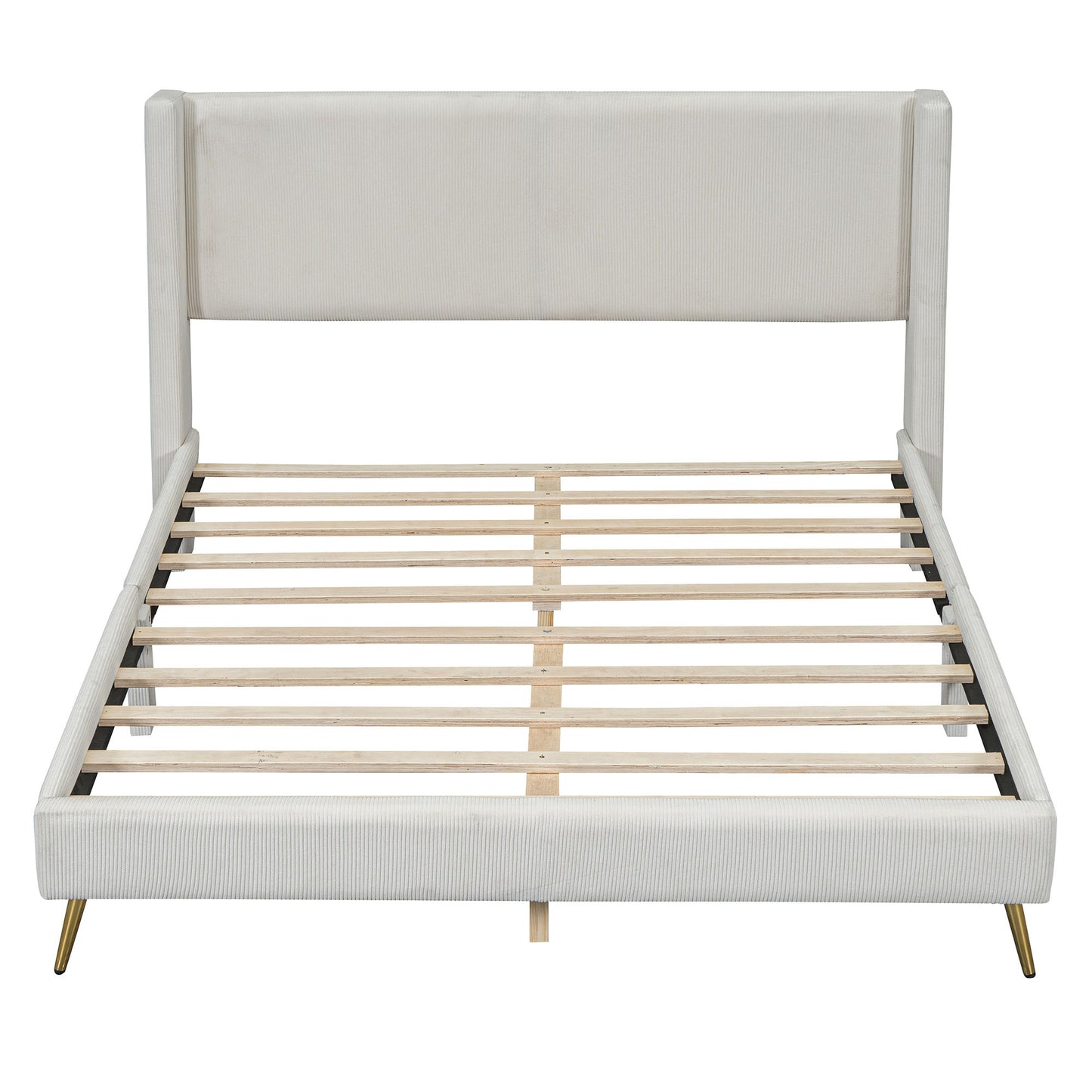 Queen Size Platform Bed With Legs, Frame And Tufted Headboard - Beige
