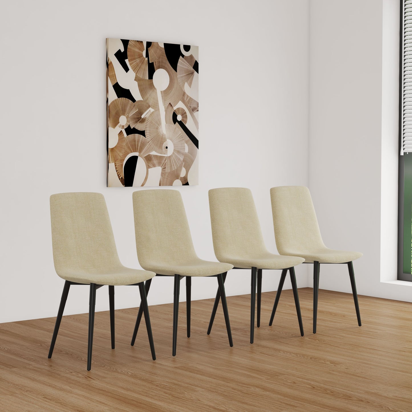 Modern Upholstered Dining Chairs (Set of 4) With Black Metal Legs And Linen Cushion Seat - Beige