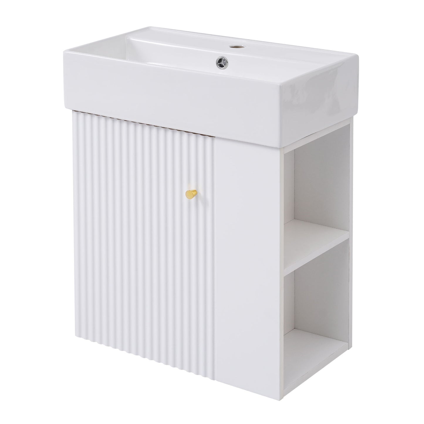 Modern Floating Bathroom Vanity With Ceramic Basin Perfect For Small Bathrooms, Right Side Storage - White