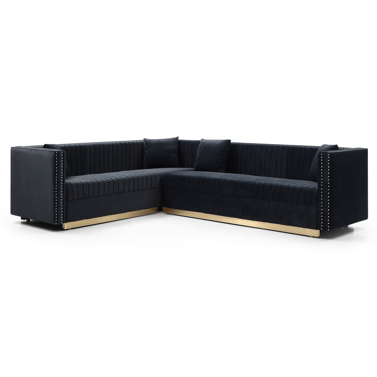 Contemporary Vertical Channel Tufted Velvet Sectional Sofa For Living Room With 4 Pillows - Black