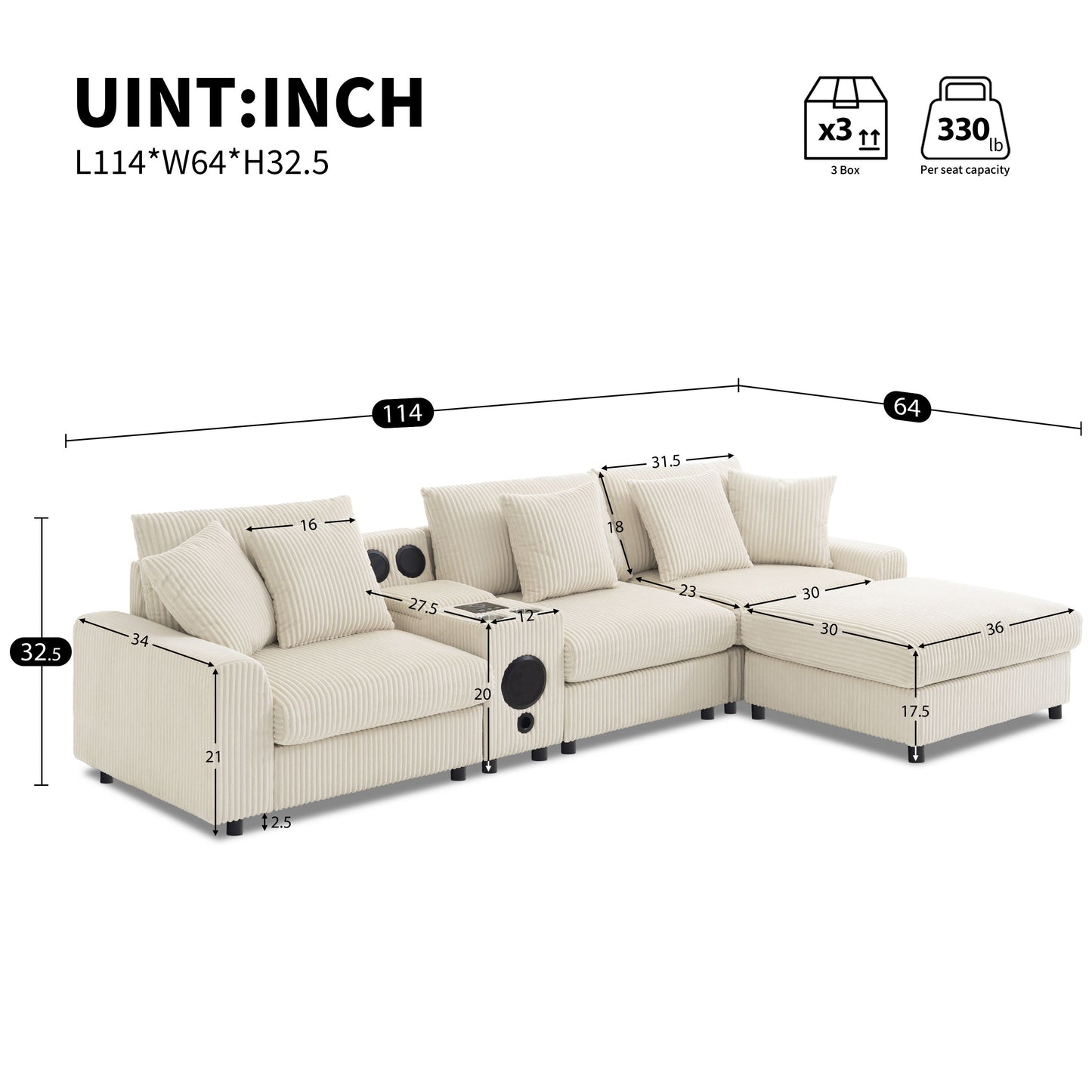 Sectional With Bluetooth Speakers L Shaped Couch With Console USB Charger, Cup Holders Storage Ottoman Deep And Wide Seat Cloud Sofa - Cream