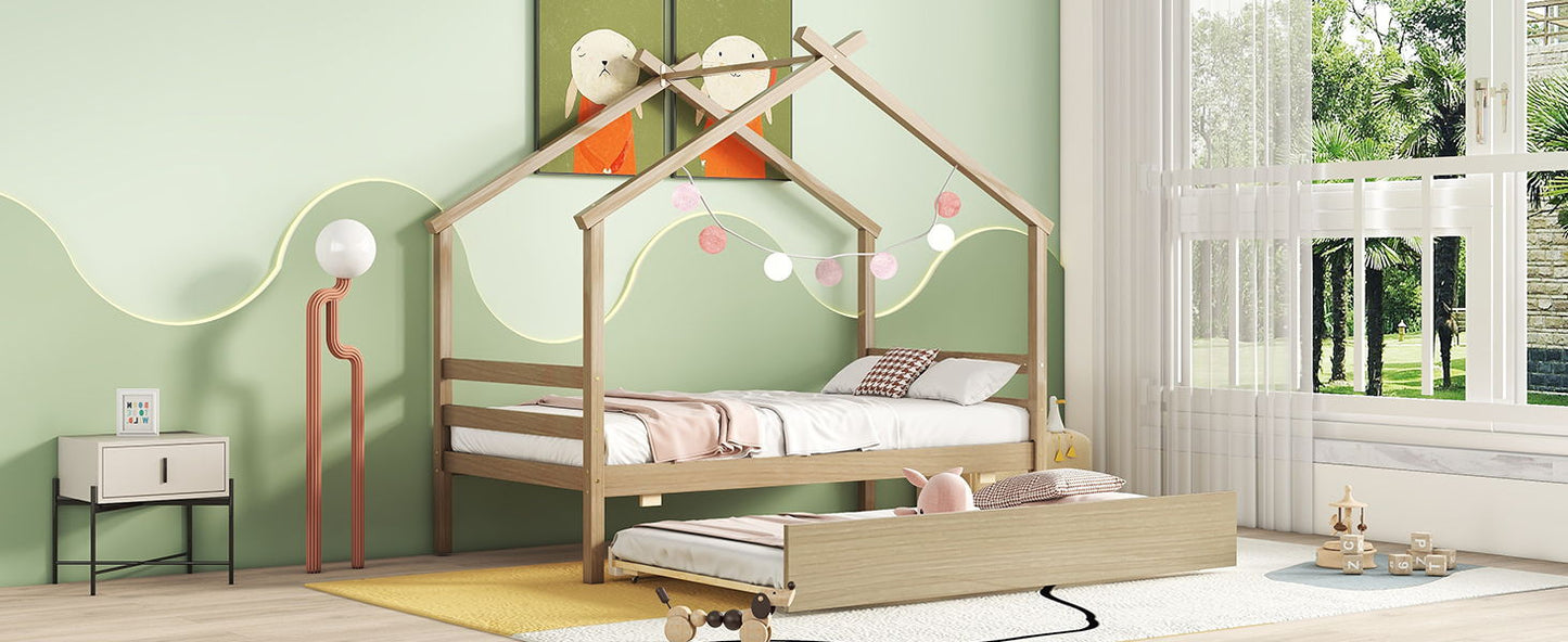 Twin Size House-Shaped Bed With Trundle - Natural