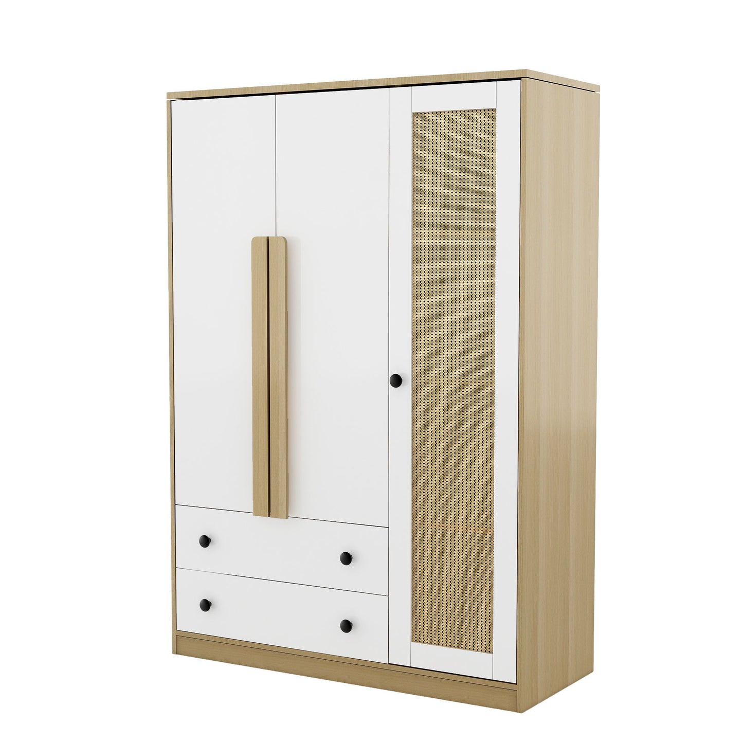 3 Doors Rattan Wardrobe Storage For Bedroom, With 2 Drawers - White / Nature
