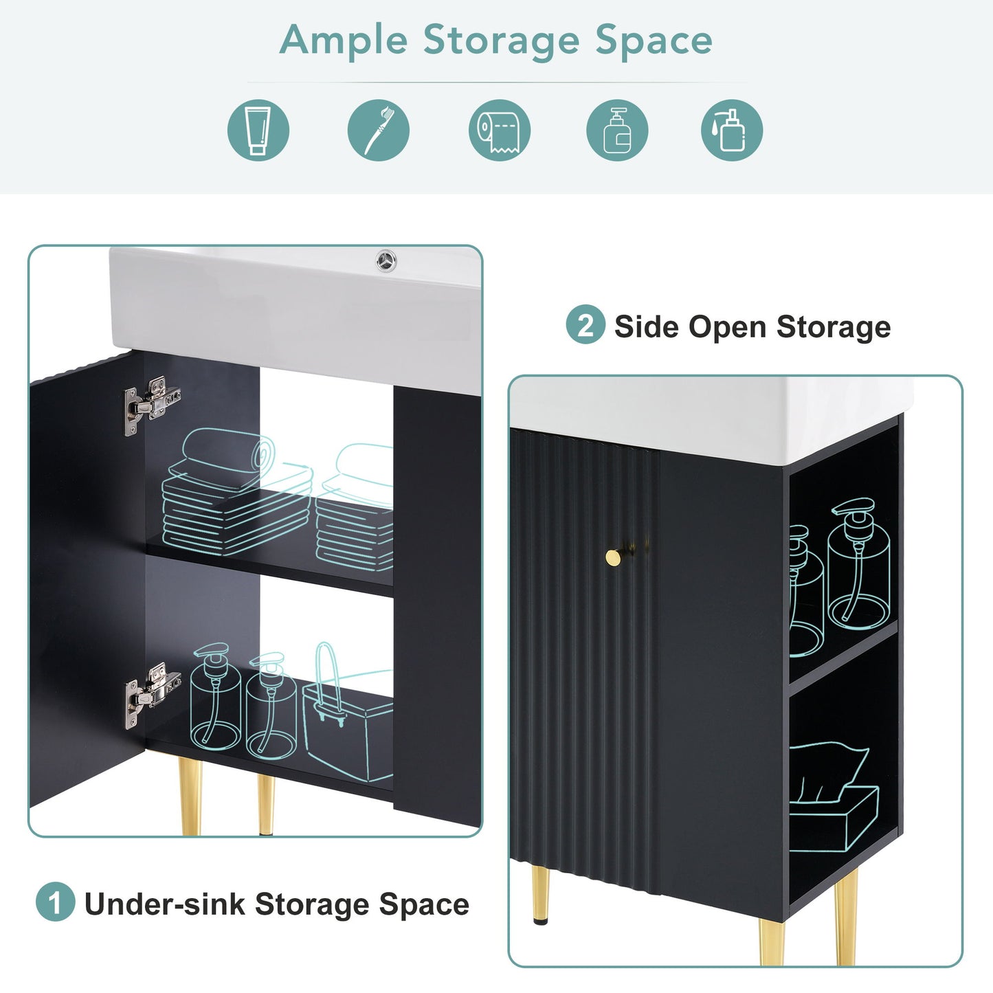 Bathroom Vanity, Combo Cabinet, Bathroom Storage Cabinet, Single Ceramic Sink, Right Side Storage - Black