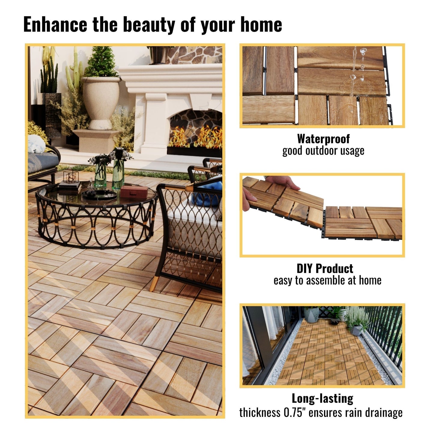 30 Piece Interlocking Deck Tiles Checker Pattern, Square Acacia Hardwood Outdoor Flooring For Patio, Bancony, Pool Side - Yellow