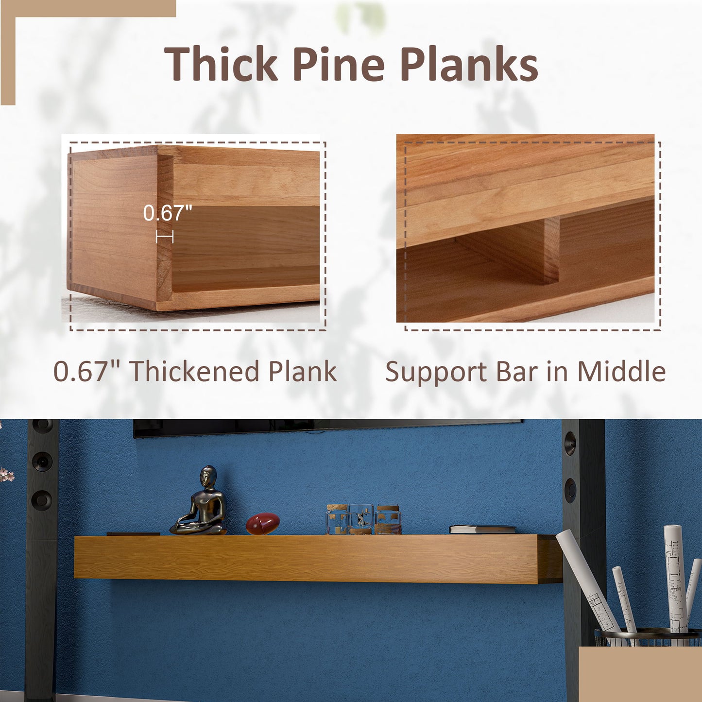 Fireplace Mantel Wooden Wall Mounted Floating Shelf 8" Deep Solid Pine Wood - Natural