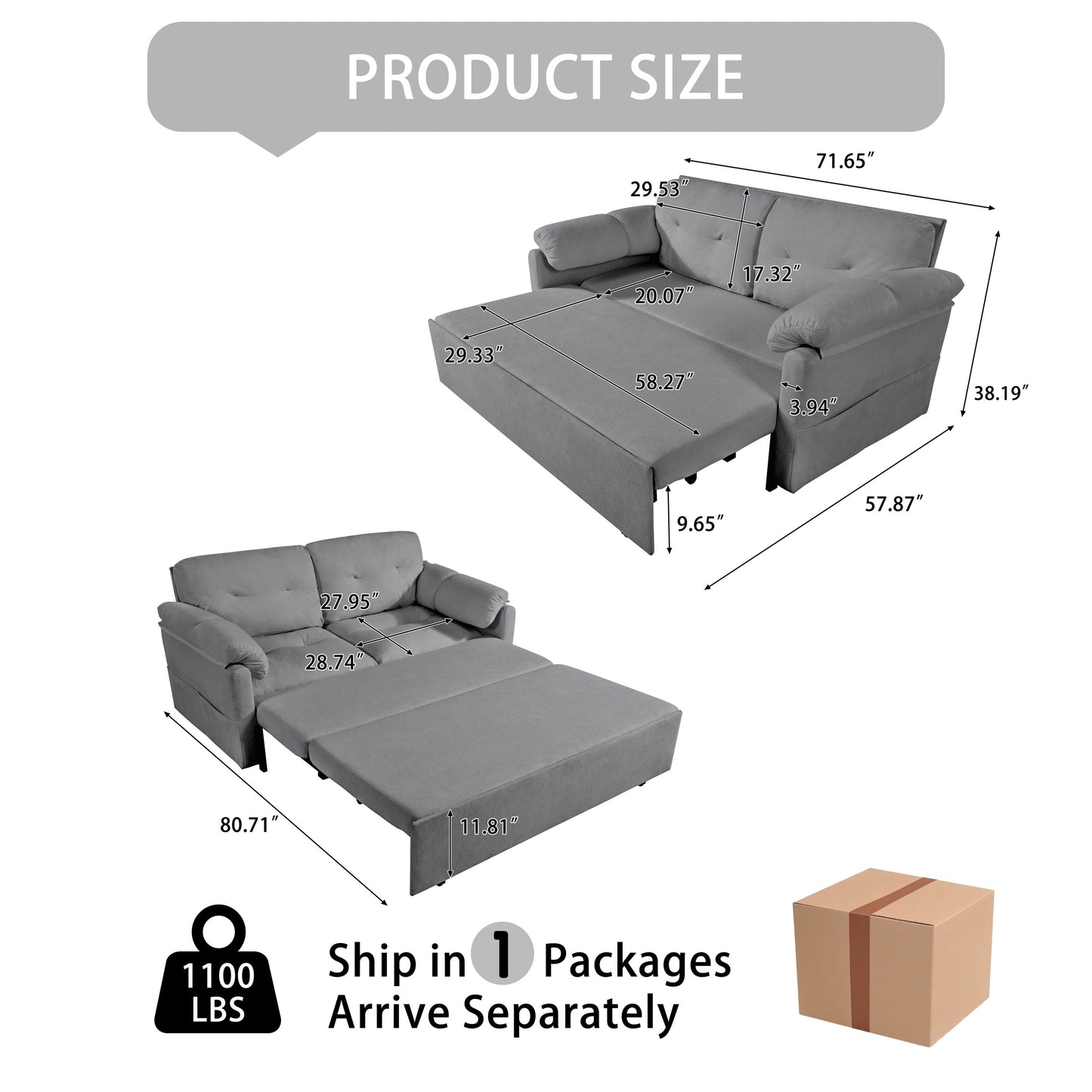 Modern Convertible Sleeper Sofa Bed With Pull Out Queen Design, Side Storage & Thick Cushions Chenille Loveseat For Living Room Or Bedroom 3 In 1 Function - Gray