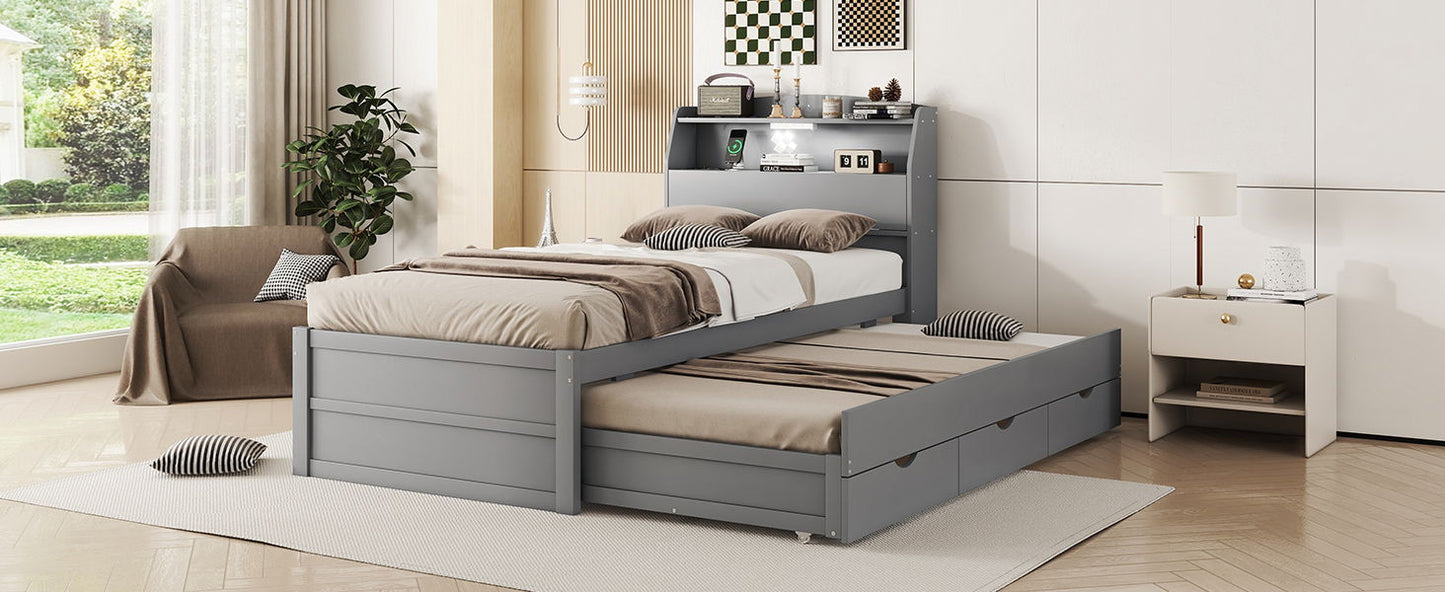 Twin Size LED Platform Bed With Trundle With Storage Headboard With Drawers - Gray