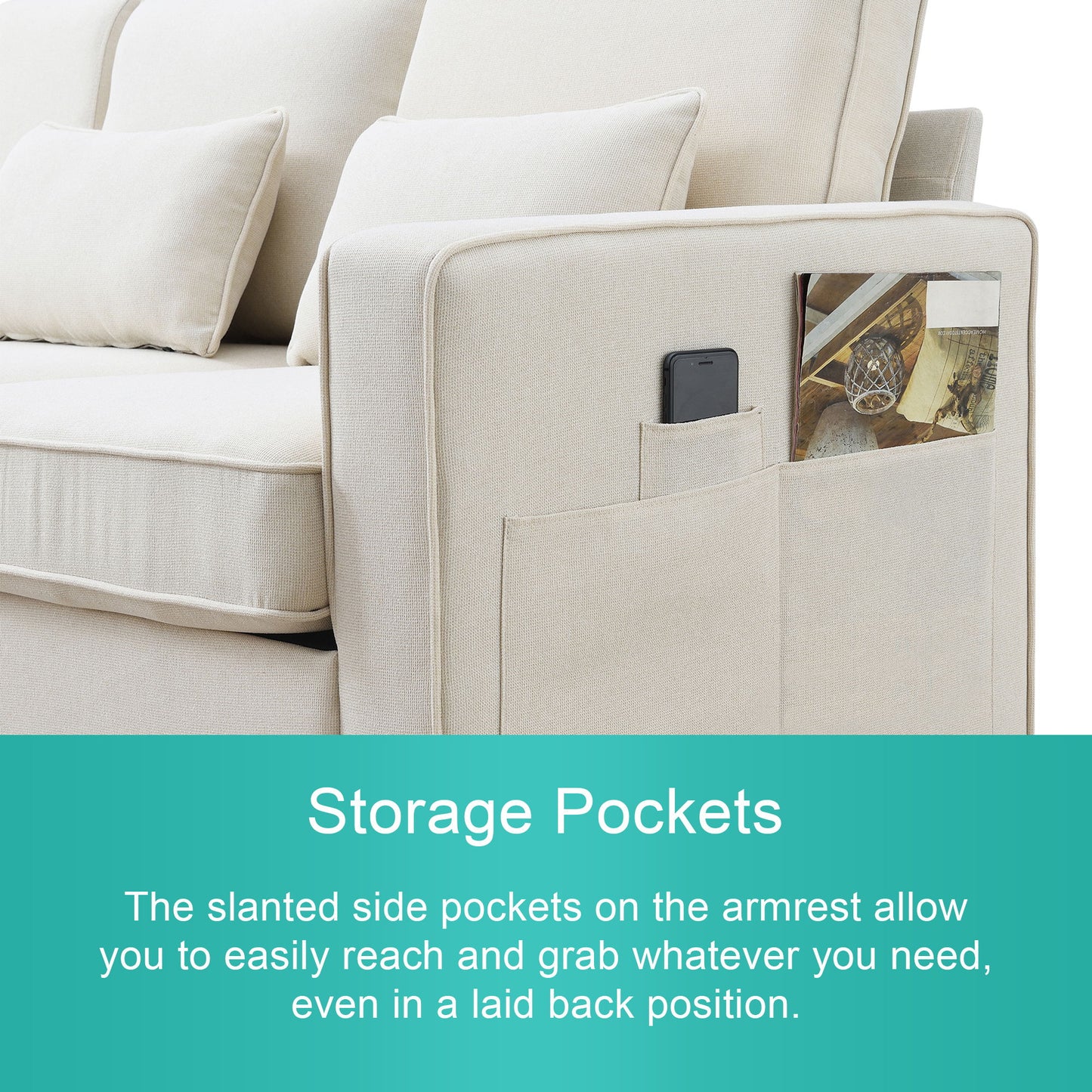 4 Seater Modern Linen Sofa With Armrest Pockets And 4 Pillows, Minimalist Style Couch - Beige