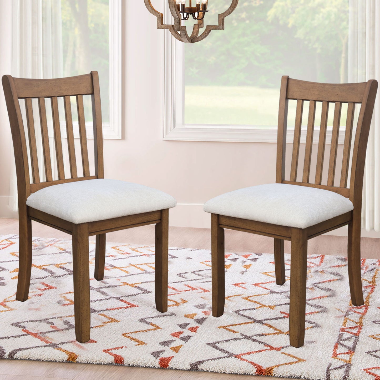 Modern Dining Chair (Set of 2) Wooden Back, Cushion Seats, Frame - Light Brown