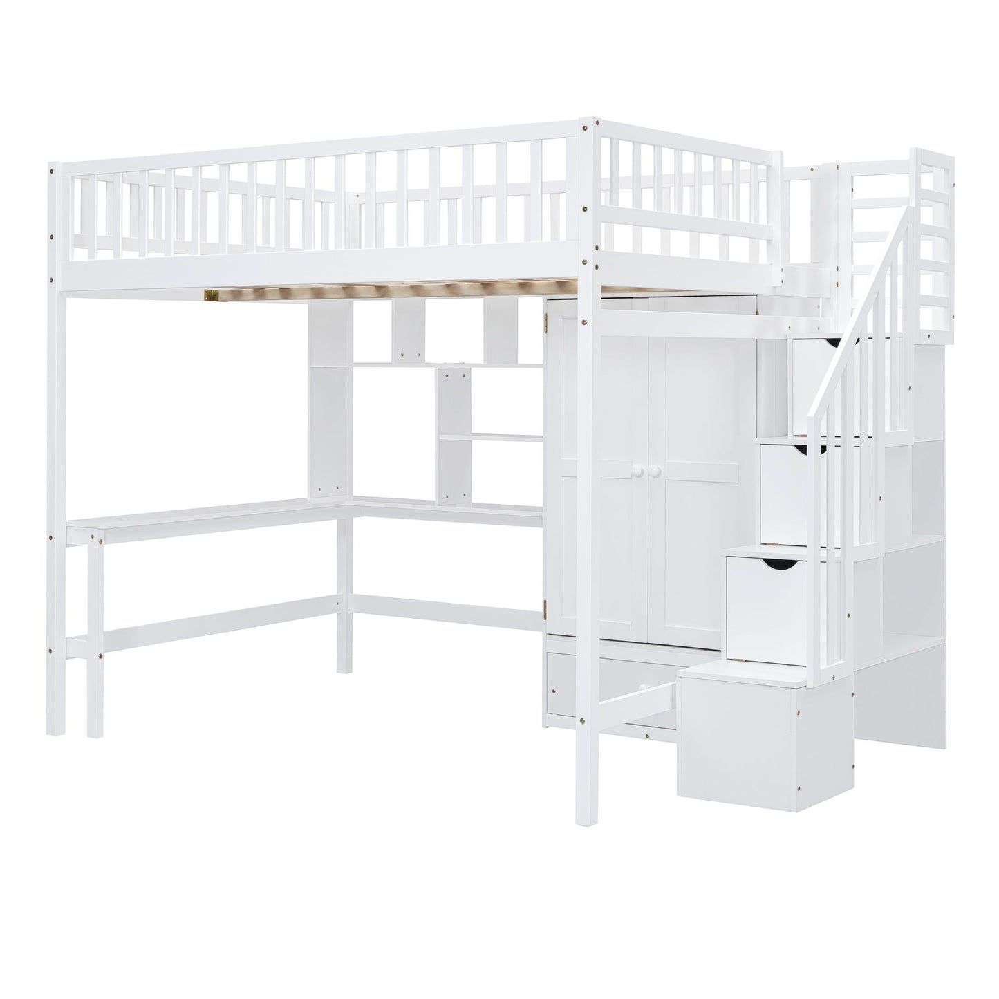 Full Size Loft Bed With Bookshelf, Drawers, Desk, And Wardrobe - White