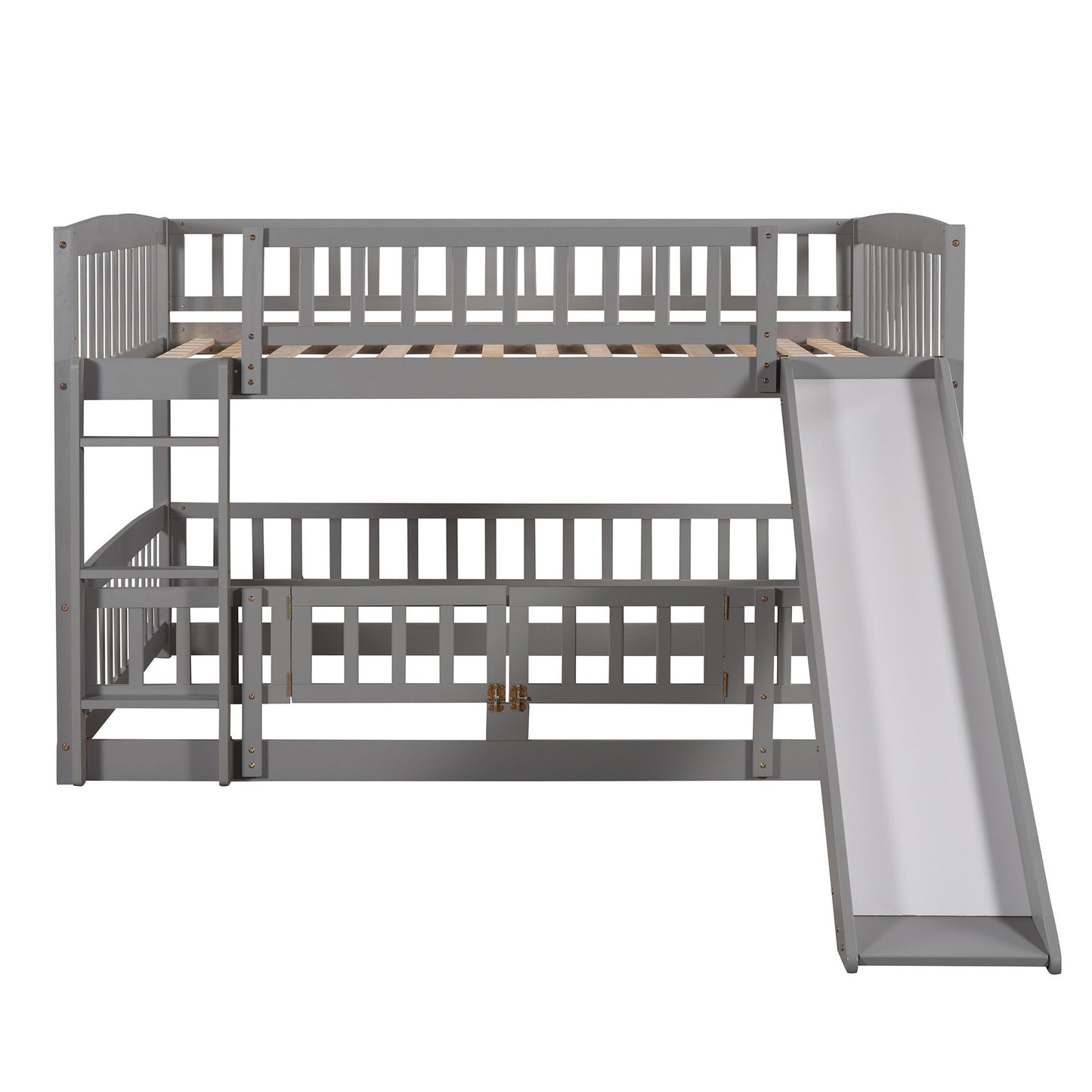 Full Over Full Low Bunk Bed With Slide, Fence And Ladder - Gray