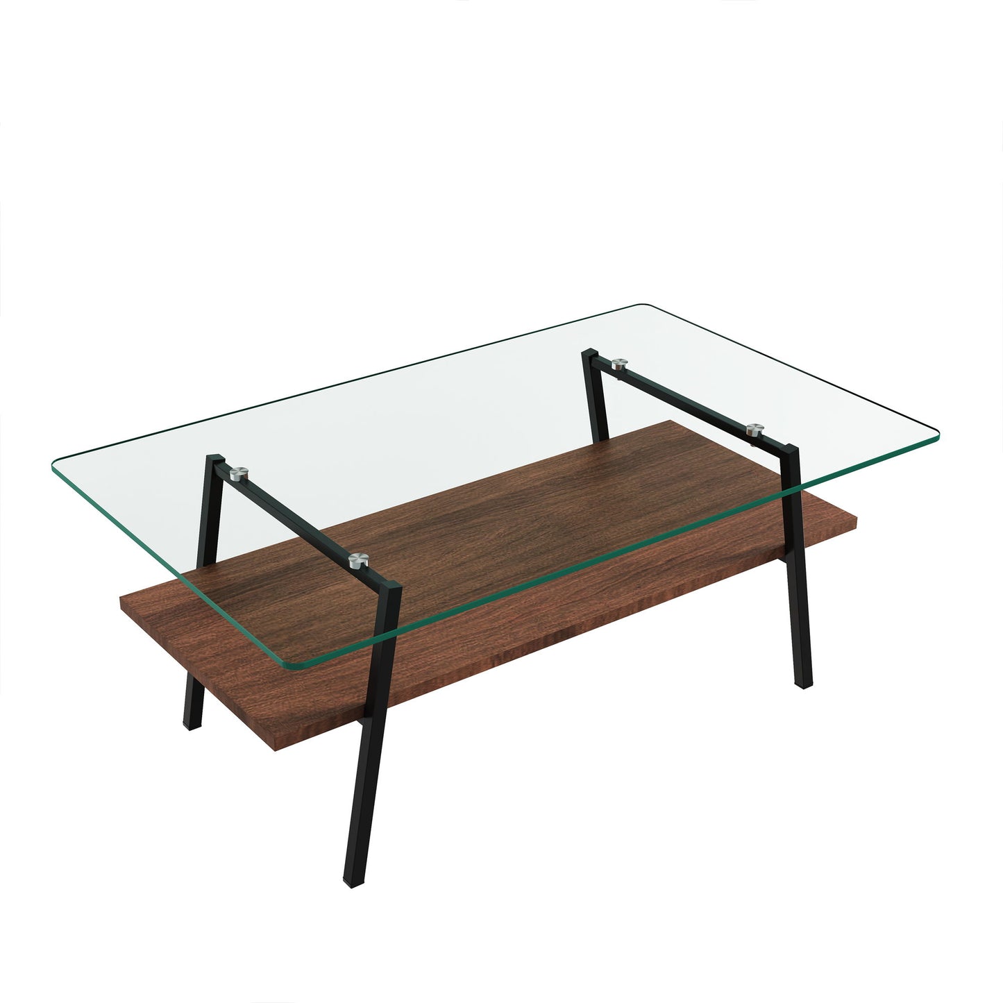 Rectangle Coffee Table, Tempered Glass Tabletop With Metal Legs, Modern Table For Living Room, Transparent Glass - Dark Brown