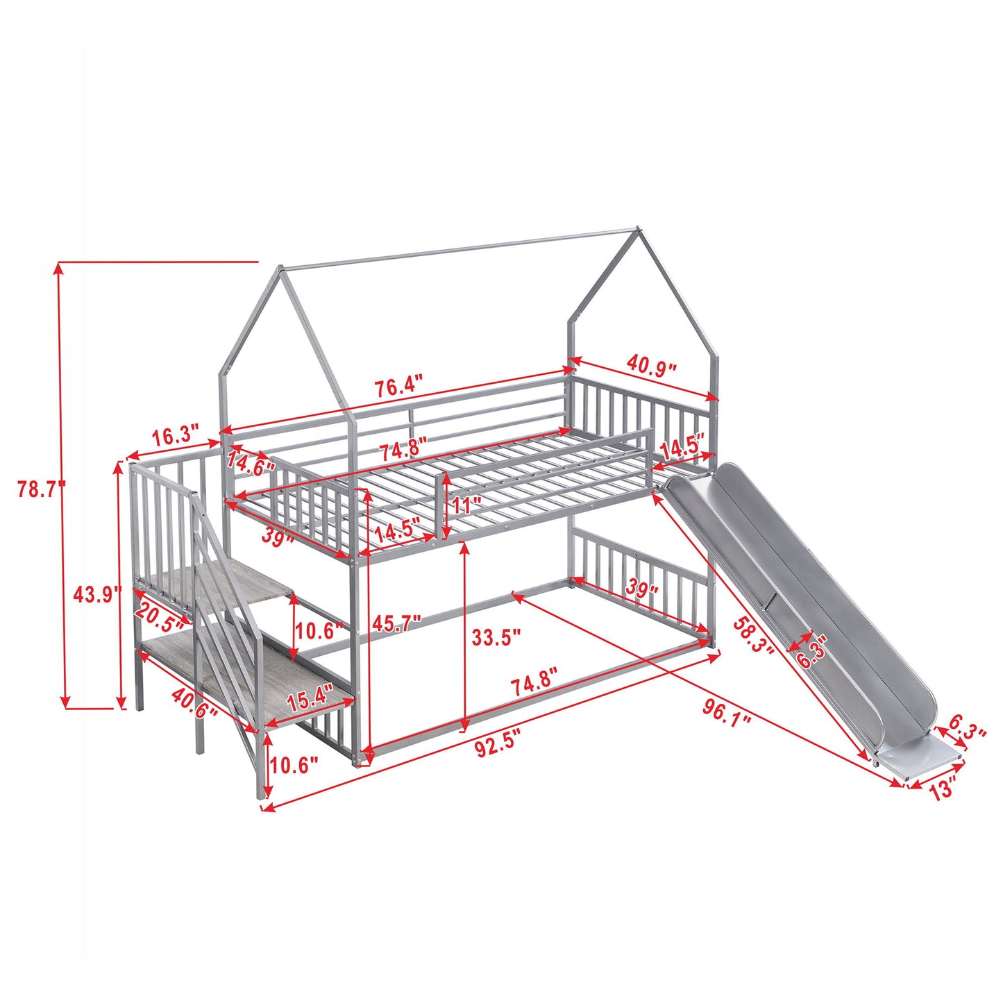 Twin Over Twin Metal Bunk Bed House Bed With Slide And Staircase - Silver