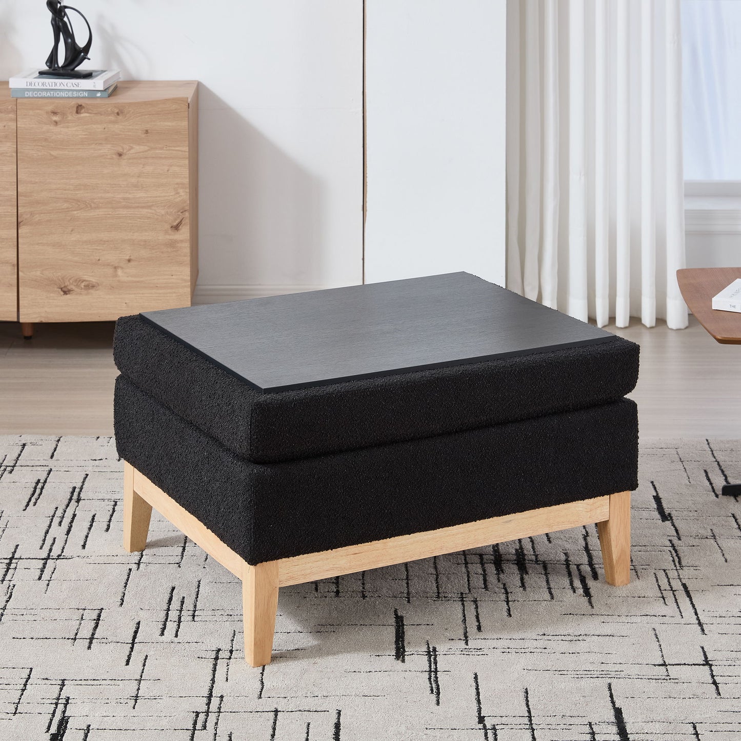 Upholstered Storage Ottoman With Reversible Lid Coffee Table, Foot Stool Square Footrest With Rubberwood Legs For Living Room Bedroom Entryway And Office - Black
