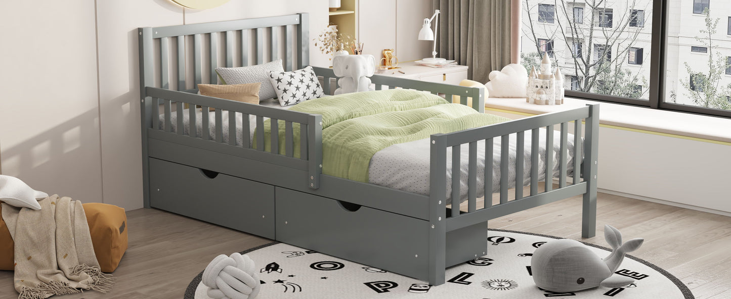Twin Size Platform Bed With Guardrails On Both Sides And 2 Storage Drawers - Gray