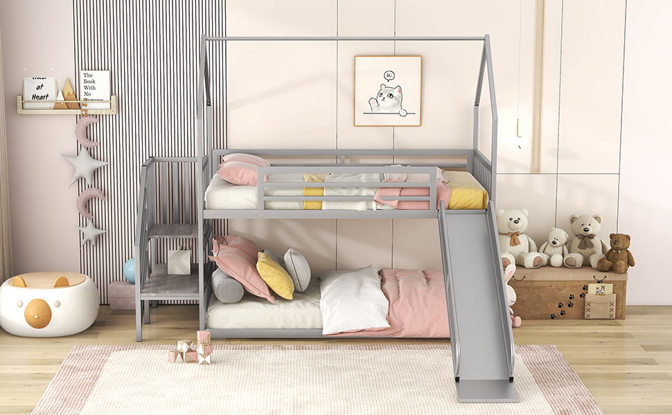 Twin Over Twin Metal Bunk Bed House Bed With Slide And Staircase - Silver