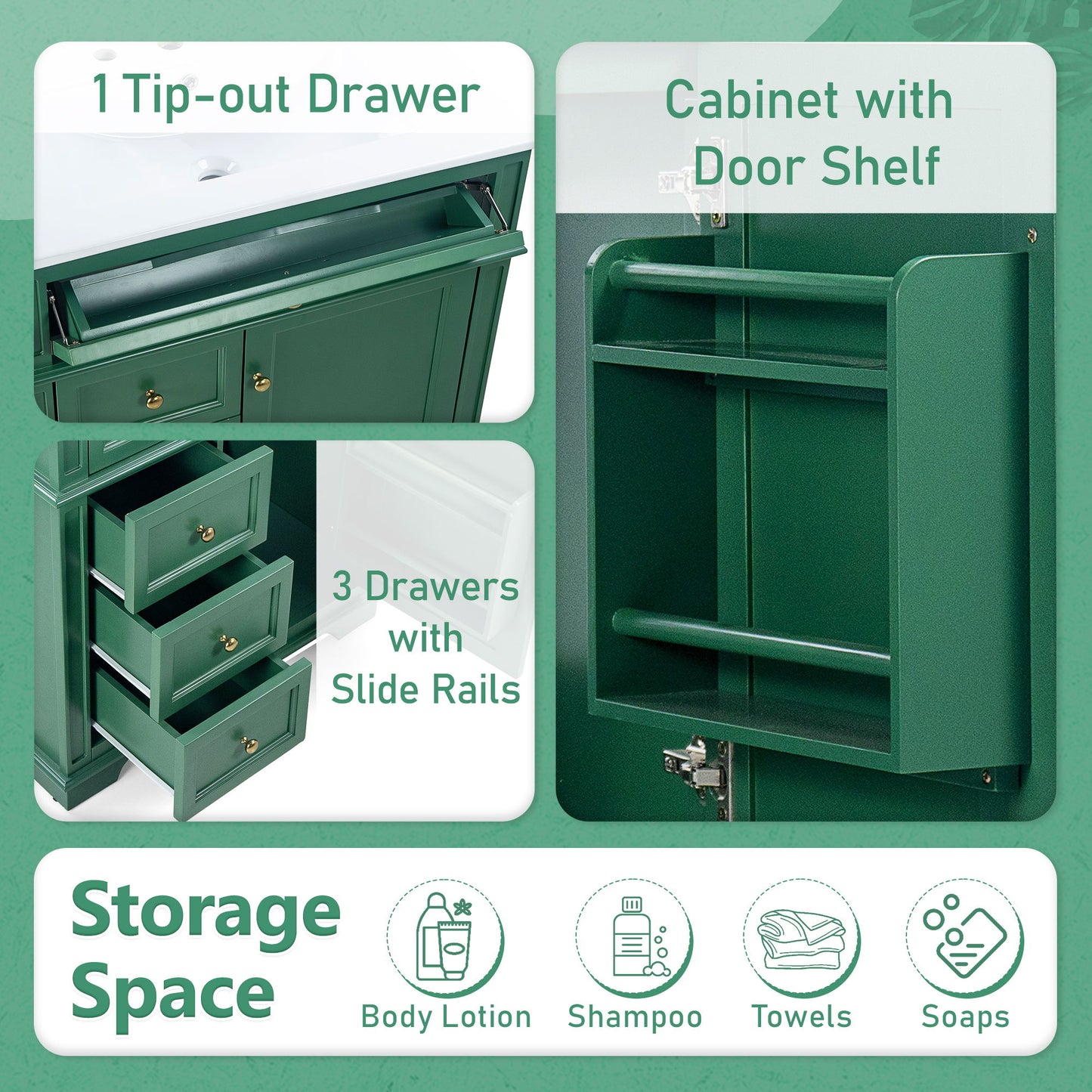 30" Bathroom Vanity With Sink, 1 Tip Out Drawer, 3 Drawers, Door Shelf, Soft Closing Door - Green