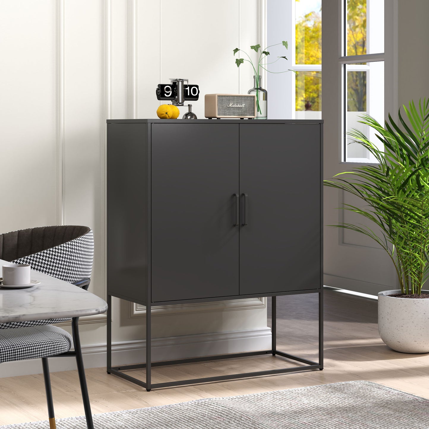 Heavy Duty Metal Buffet Sideboard Modern Steel Storage Cabinet With 2 Shelves, Free Standing Accent Cabinet With Magnetic Doors For Bedroom, Kitchen, And Home Office, Anti-Tip Design - Black