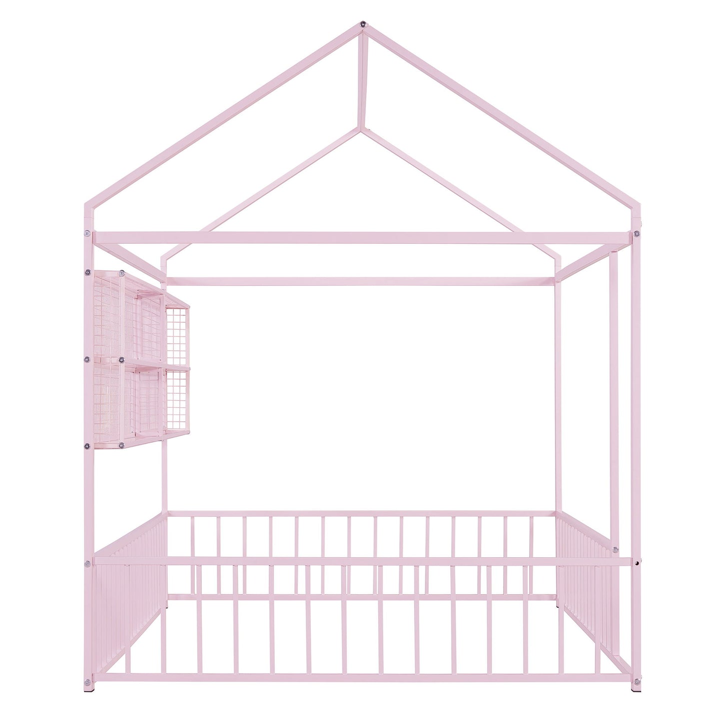 Full Size Bed House Frame With Fence And Shelves - Pink