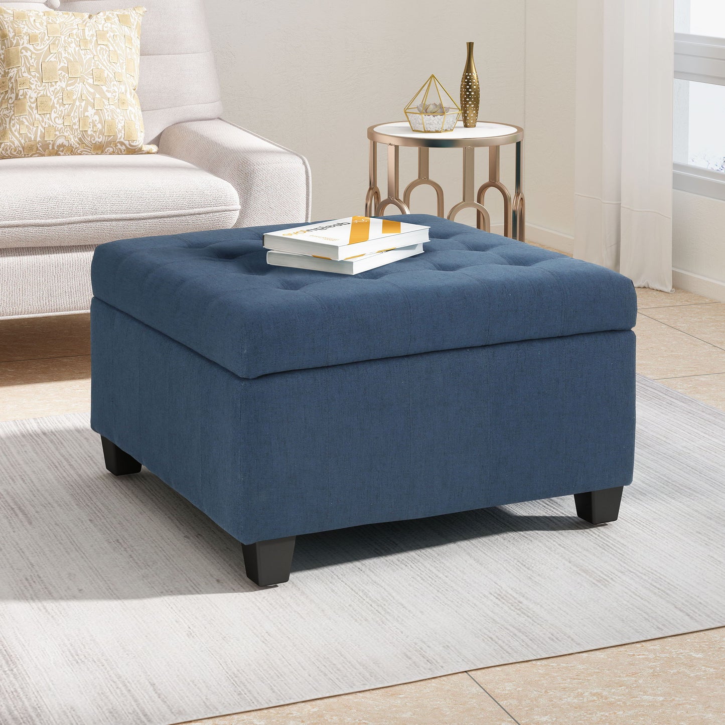 Isabella - Elegant Ottoman With Storage Functionality - Navy Blue Fabric