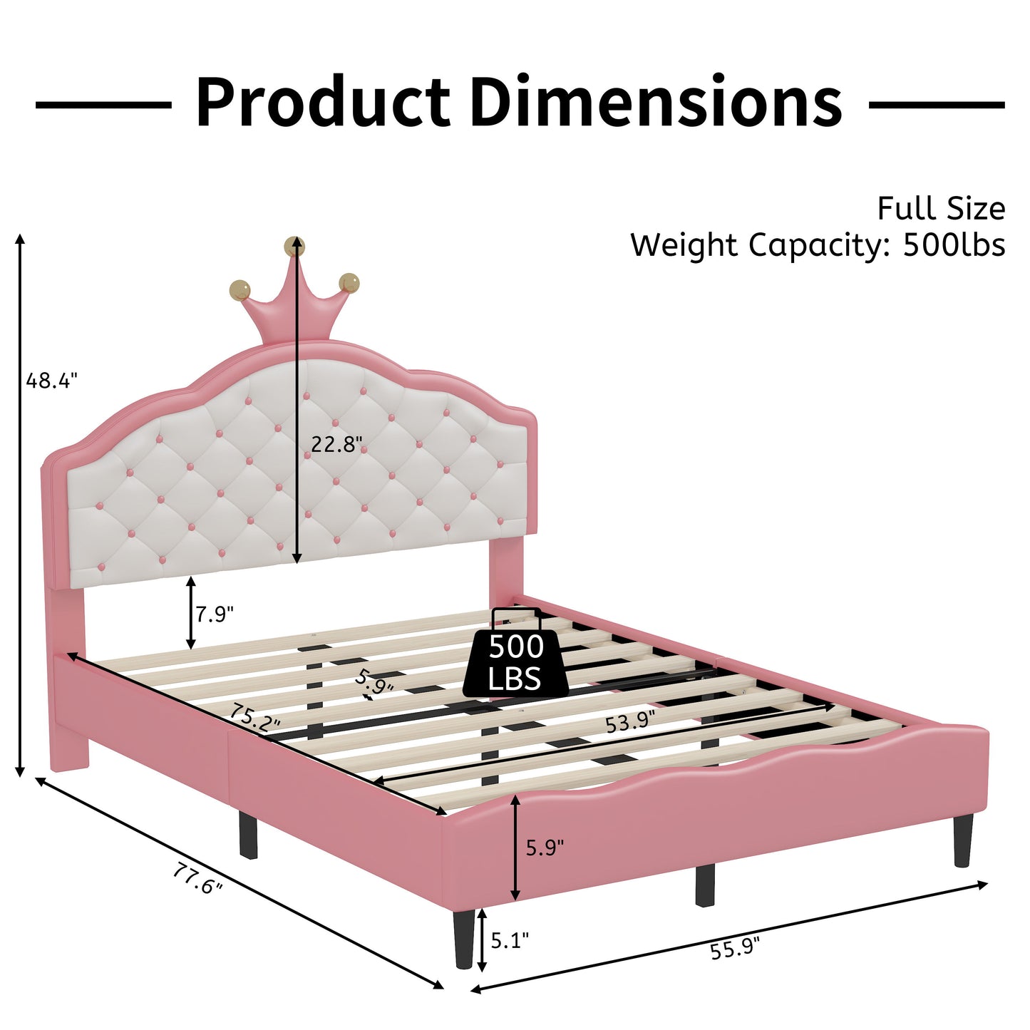 Full Size Lovely Crown Fantasy Leather Princess Bed With Tufted Headboard - Pink / Cream