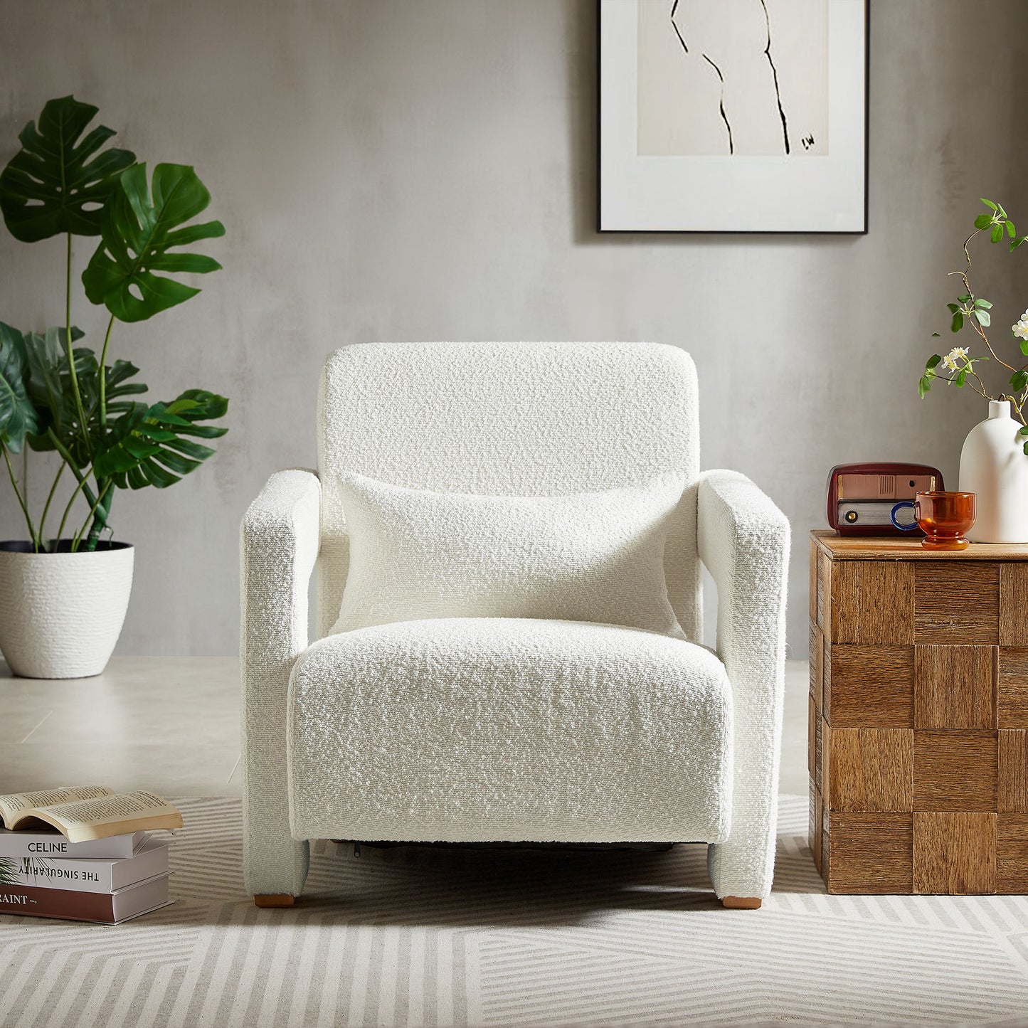 Sleek Right Angle Armrests, Ergonomic Lumbar Support, Square Wooden Block Legs, Inclined Seat For Comfort, Artistic Statement Piece For Living Room, Bedroom And Study - White