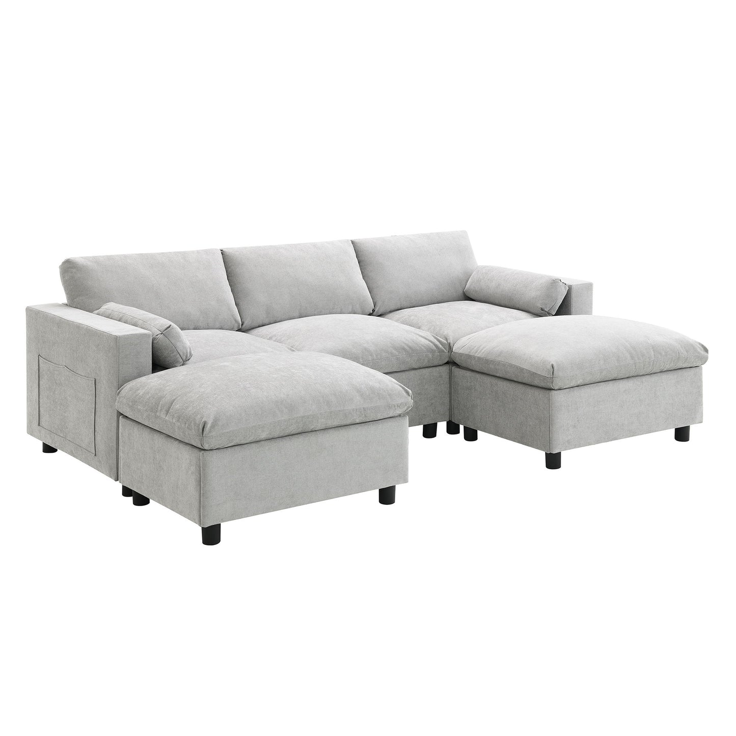 Modular Sectional With Storage Pockets, 5 Seat U Shaped Couch Set With Pillows, Free Combination Modern Cloud Sofa With 2 Movable Ottoman - Medium Gray