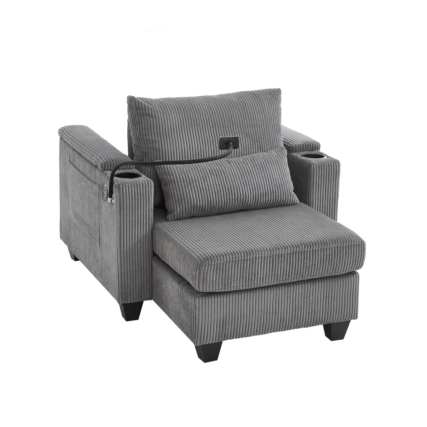 Convertible Chaise Lounge Sofa Chair Corduroy Sleeper With USB Ports, Cup Holders, Storage - Gray