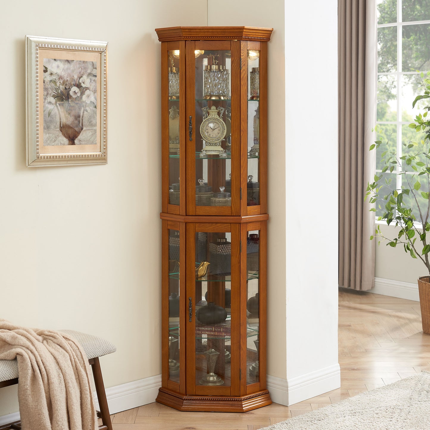 Corner Curio Cabinet With Lights, Adjustable Tempered Glass Shelves, Mirrored Back, Display Cabinet (E26 Light Bulb Not Included) - Oak