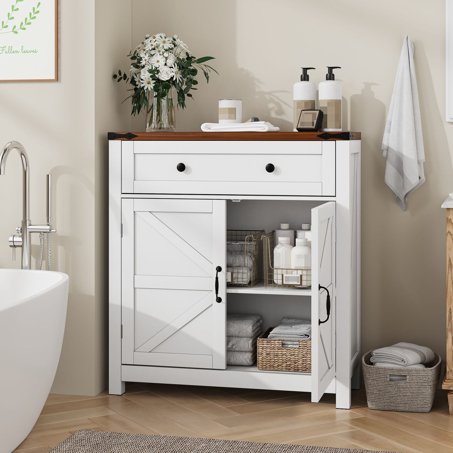 Farmhouse Storage Cabinet With Drawer And Adjustable Shelf Kitchen Cabinet With Walnut Countertop, Modern Coffee Bar Console Cabinet For Kitchen, Dining Room, Bathroom, Entryway - White