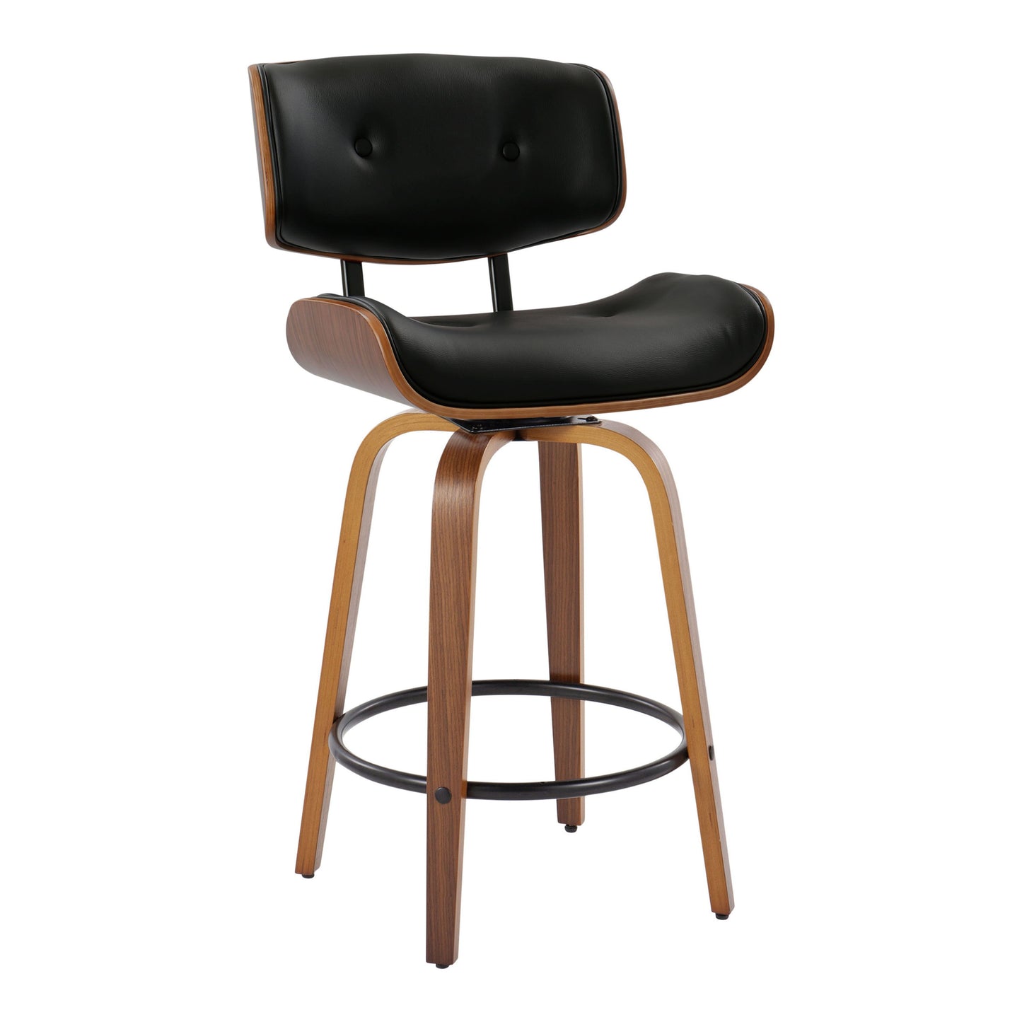 Lombardi - Mid-Century Modern Fixed Height Counter Stool With Swivel With Round Footrest (Set of 2) - Walnut / Black