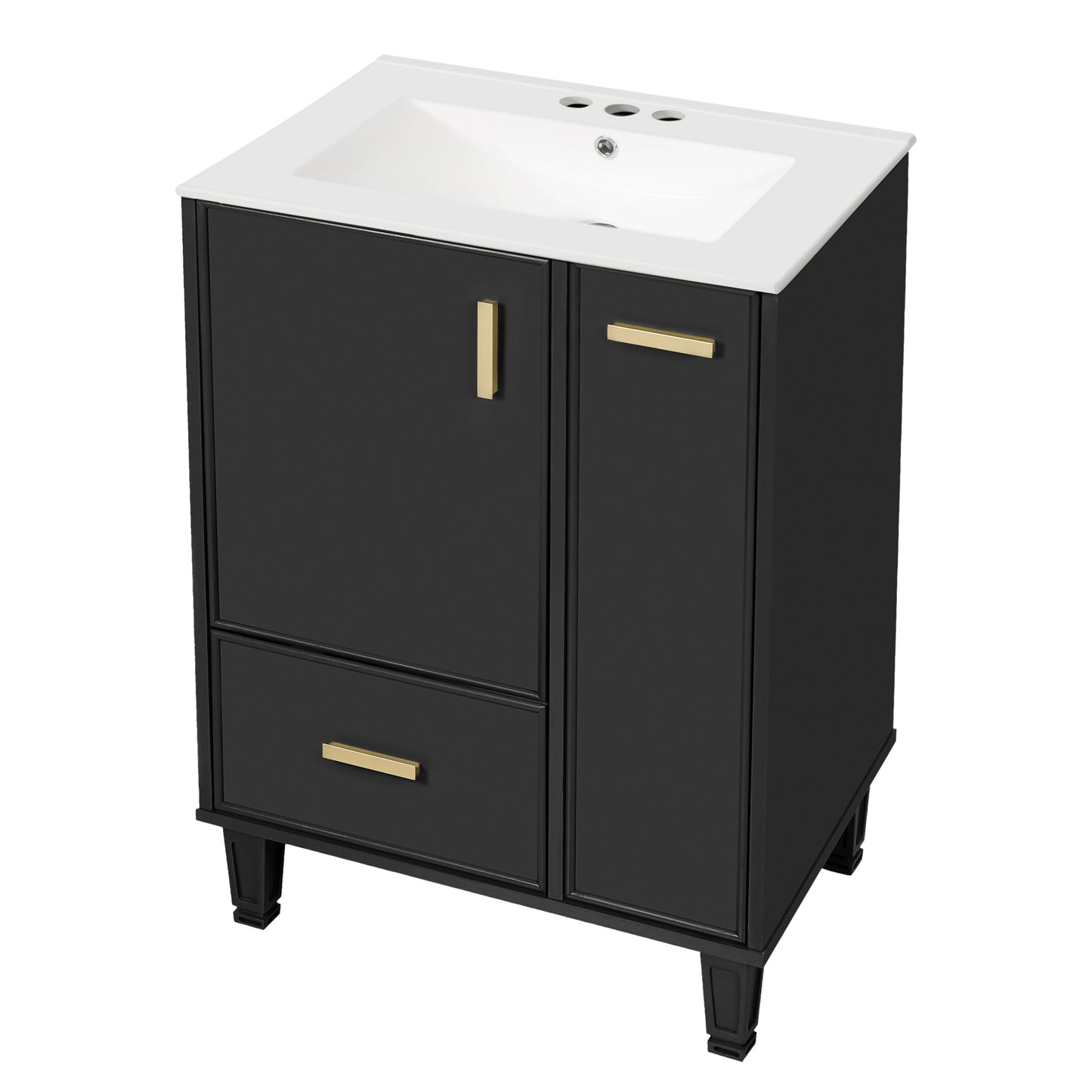 Modern Solid Wood And 24" Bathroom Vanity With Sink, Deep Drawer, Door Shelf, 2 Tier Basket - Black