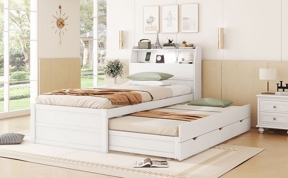 Twin Size LED Platform Bed With Trundle With Storage Headboard With Drawers - White