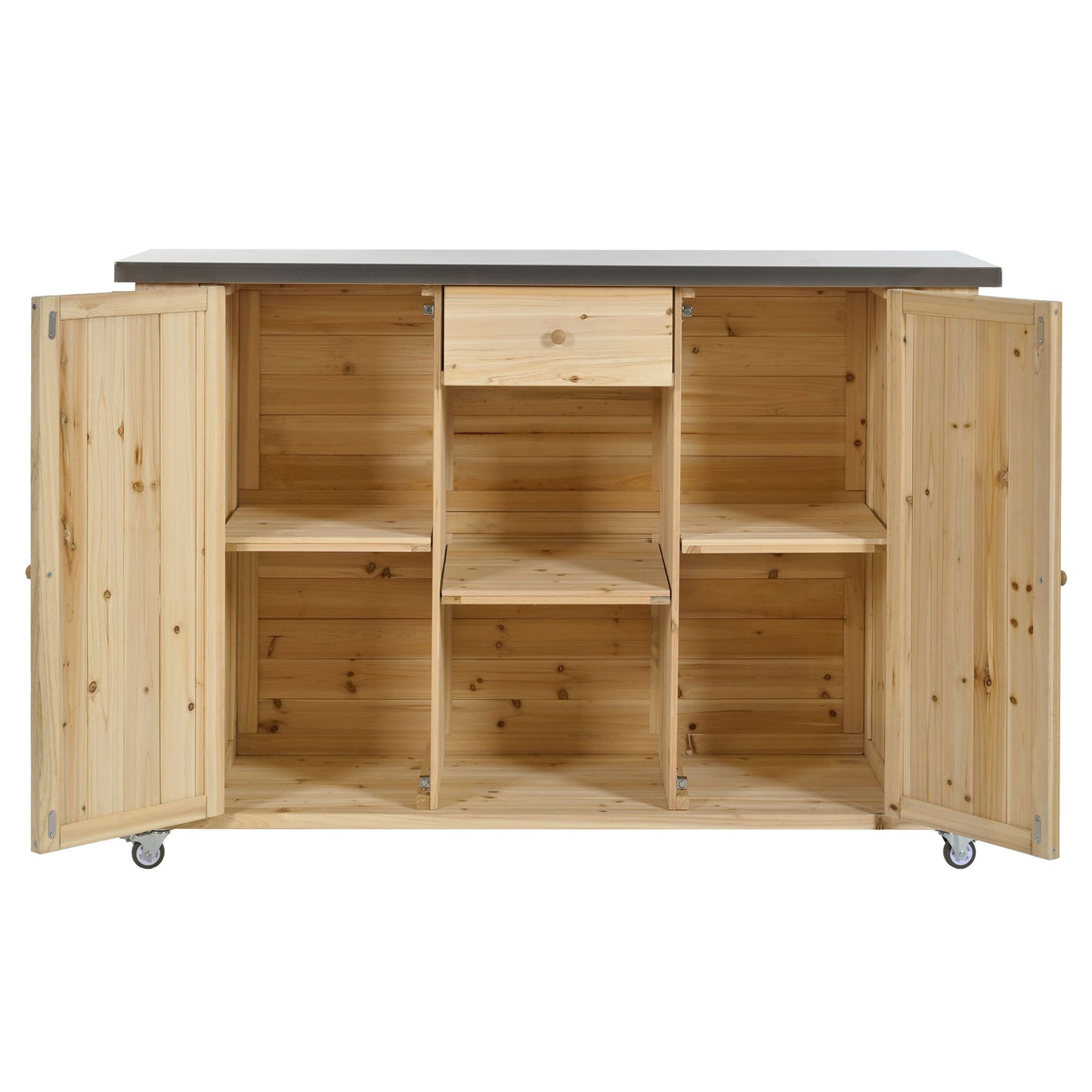 Outdoor Kitchen Island Fir Wood Kitchen Island With Stainless Steel Top, Ample Storage Space, Towel And Spice Racks And A Bottle Opener For Outdoor - Natural